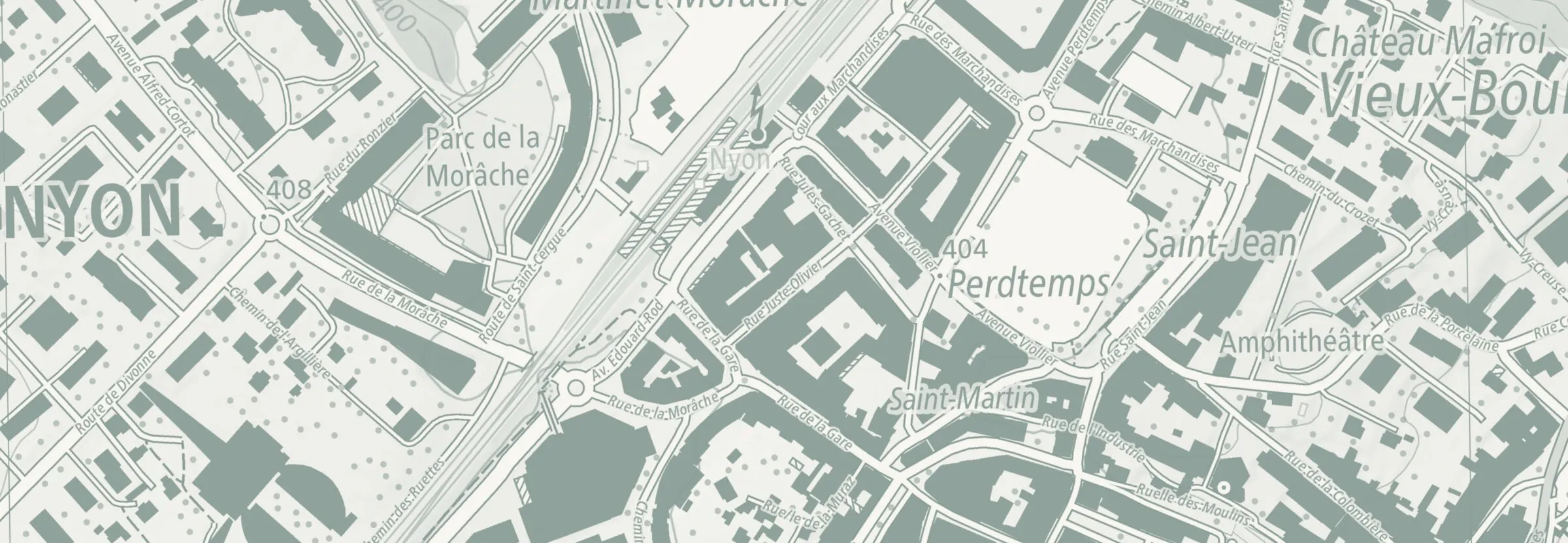 Plan du quartier : le cabinet se trouve rue Juste-Olivier, près de la gare de Nyon et du parking Perdtemps.
